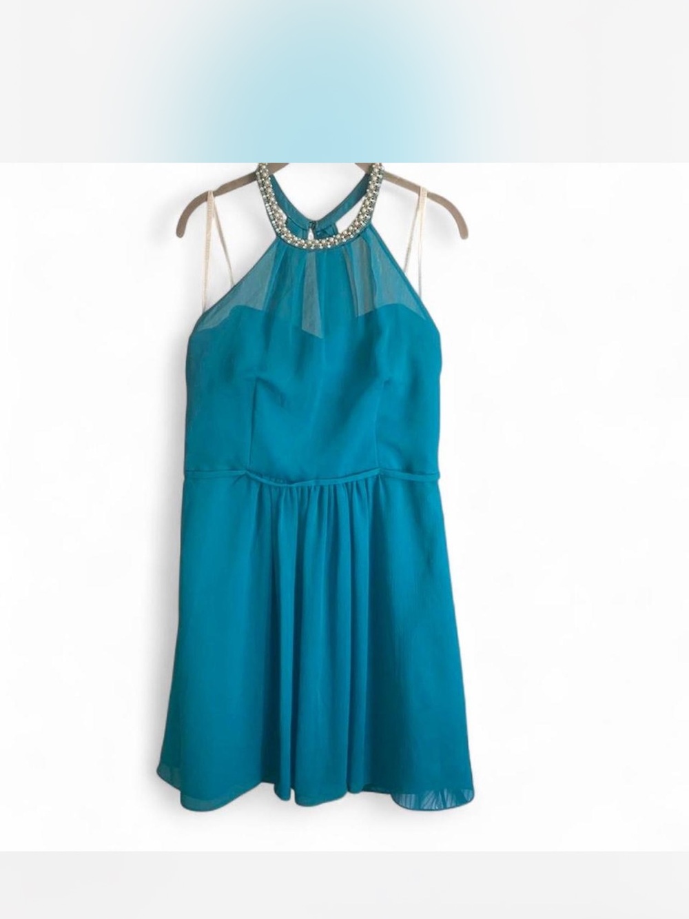 Prom David's Bridal cyan blue Halter Dress Jeweled Neckline size 14(runs small)